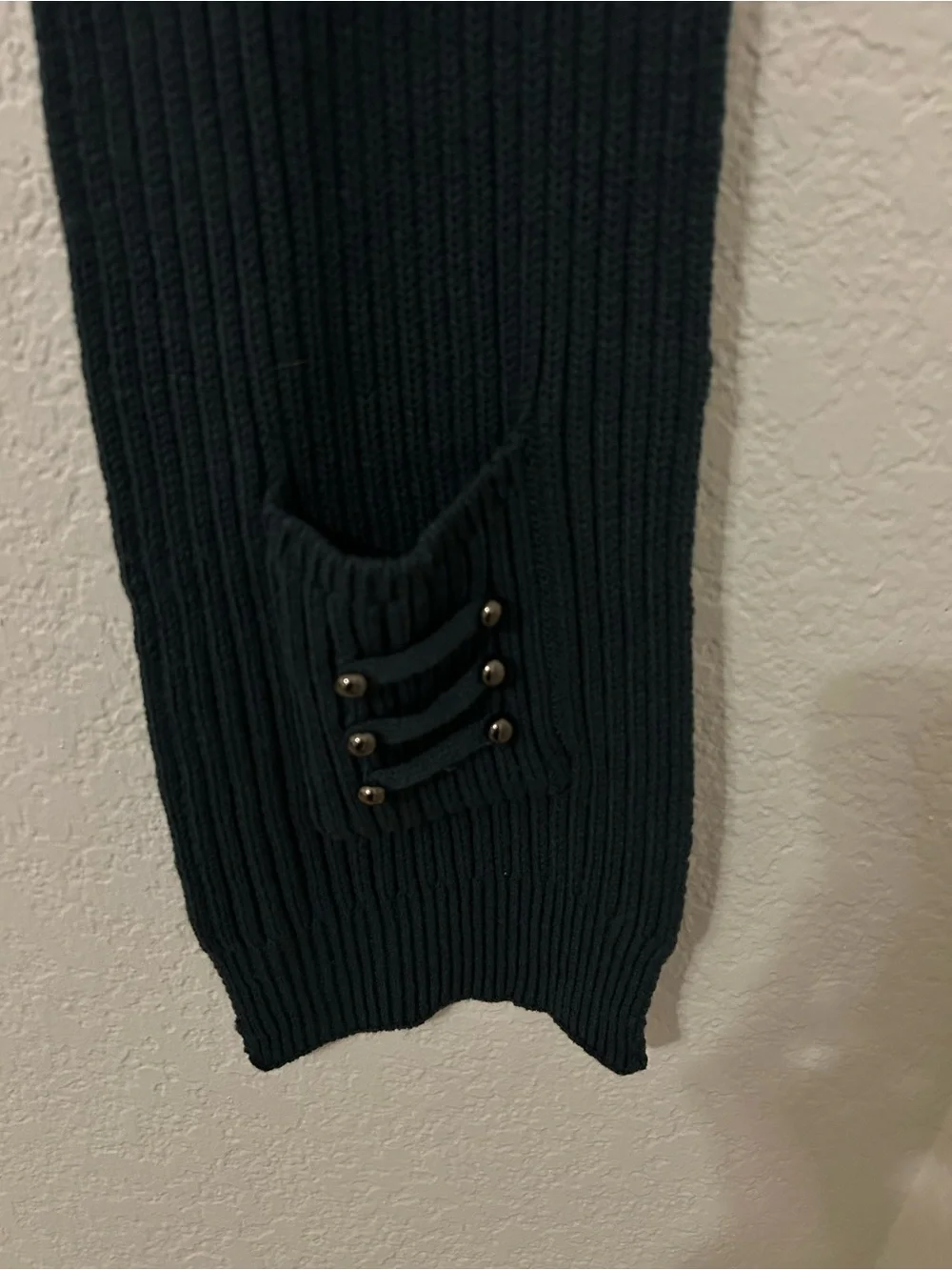 Dark Gray Ribbed Knit Pocket Scarf Y2K Studded Long Acrylic